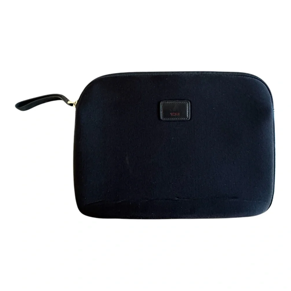 Tumi Black Neoprene Ipad Zippered Storage Case with Leather Tumi Logo
